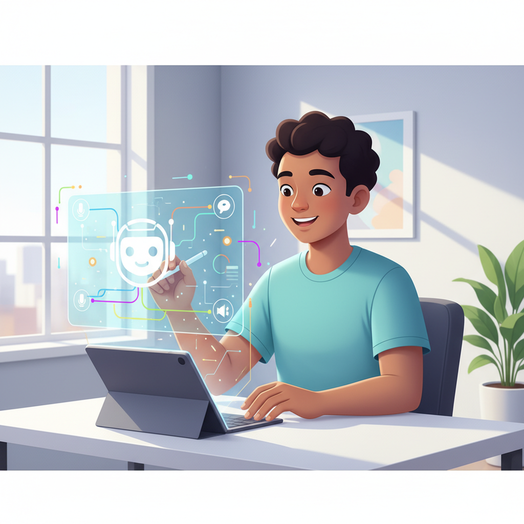 Un joven sonriente con una camiseta azul interactúa con una pantalla holográfica que muestra un icono de chatbot y otros símbolos tecnológicos, mientras usa un portátil en un escritorio.
