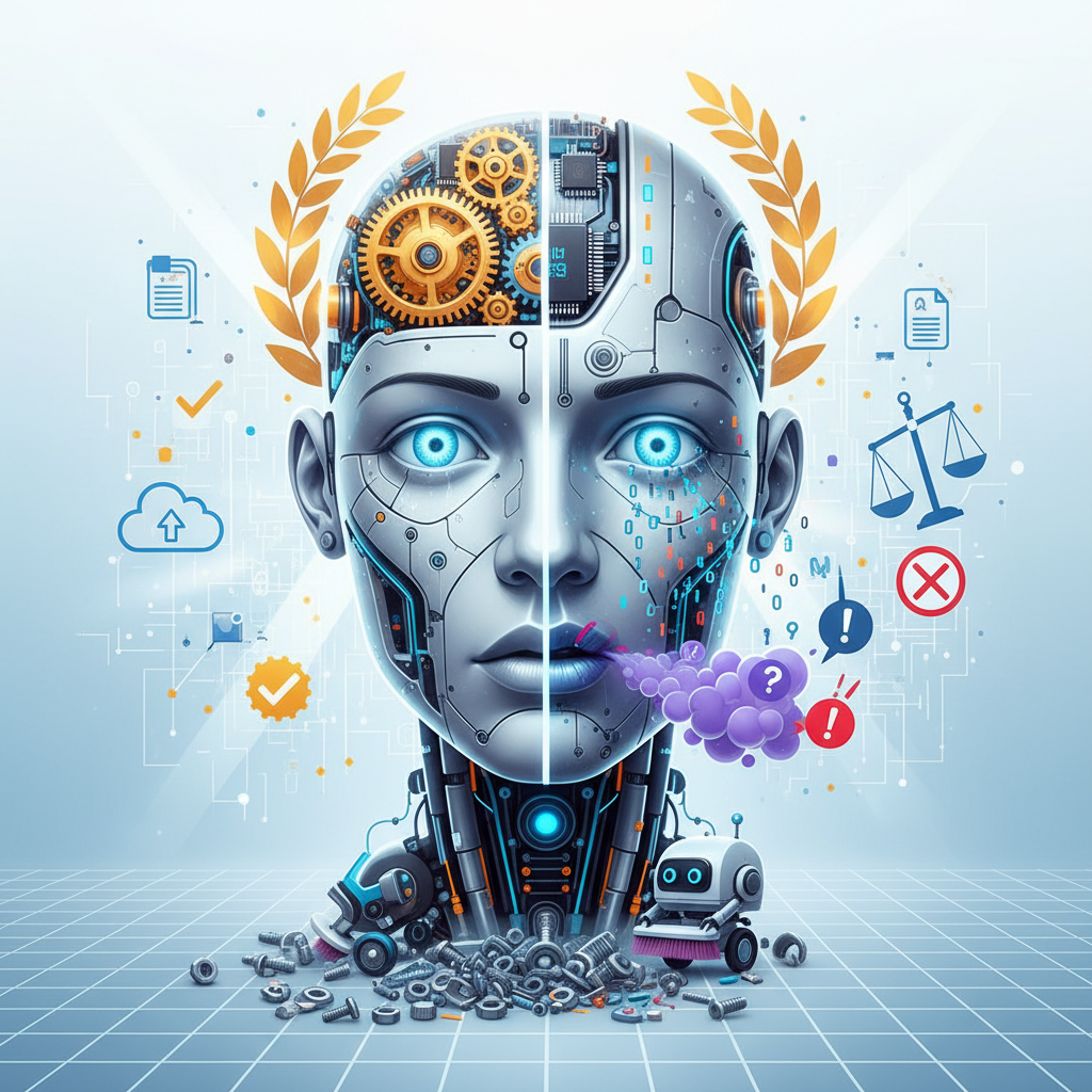 Cabeza de robot humanoide dividida, mostrando un lado con engranajes mecánicos y el otro con circuitos electrónicos y datos digitales, con ojos azules brillantes. Una corona de laurel dorada adorna su cabeza. Alrededor, flotan iconos que representan documentos, nube, balanza de justicia, preguntas y advertencias. En la base, se agrupan tornillos y piezas mecánicas junto a un pequeño robot cepillador, sobre una superficie de cuadrícula tecnológica.