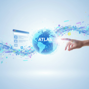 Mano tocando un globo terráqueo digital azul con la palabra ATLAS, rodeado de una red de datos. A la izquierda, una ventana de navegador con iconos y un flujo de información digital colorida que conecta todos los elementos.