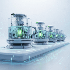 Una fila de módulos tecnológicos futuristas con contenedores de vidrio transparentes, maquinaria interna compleja, líquido verde azulado y luces brillantes, sobre una plataforma blanca con circuitos luminosos. Se observa un brazo robótico trabajando en el módulo frontal.