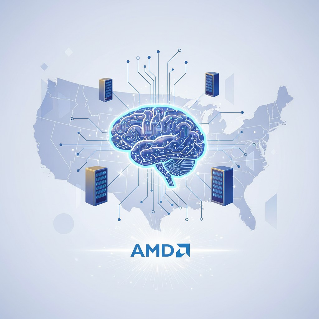 Cerebro digital brillante con circuitos que simula una red de IA sobre un mapa de Estados Unidos, conectado a cuatro servidores y el logo de AMD.} {