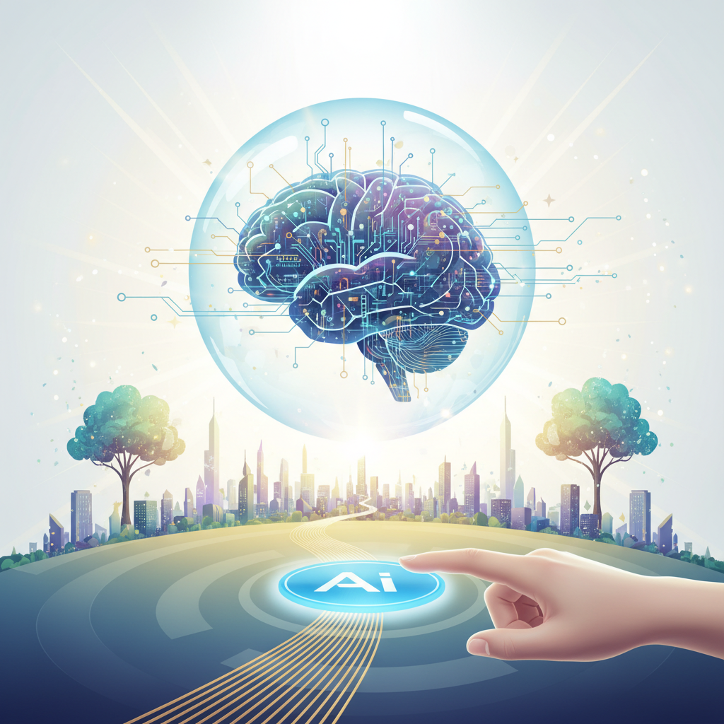 Cerebro digital con circuitos dentro de una esfera brillante sobre un paisaje urbano futurista con rascacielos y árboles. Una mano humana presiona un botón azul con 'Ai' en el suelo, conectando con líneas de datos.