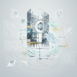 Composición digital futurista con edificios transparentes, interfaces holográficas que muestran mapas y datos, y una mano digital sosteniendo una lupa que enfoca un cerebro dentro de un cubo. En la parte inferior central, una balanza de la justicia. El conjunto está interconectado por líneas de datos y elementos tecnológicos.