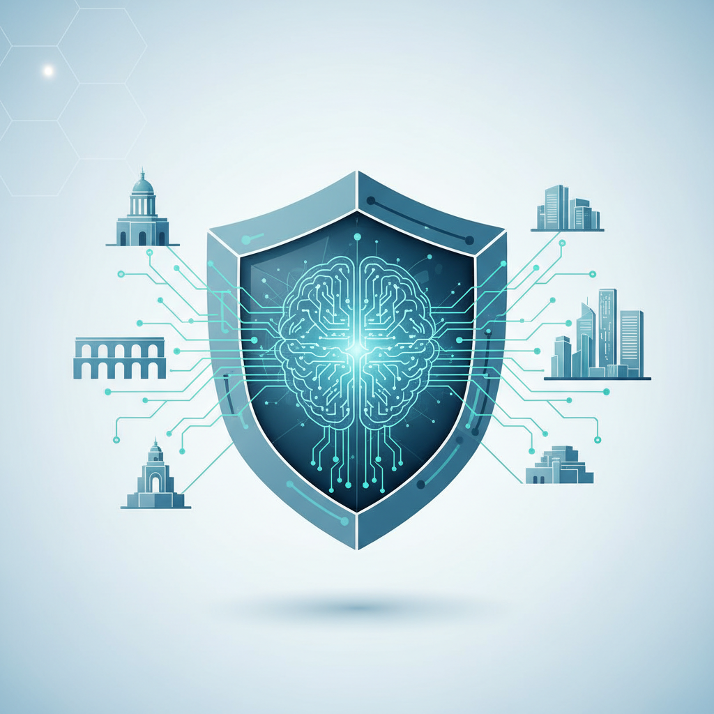 Un escudo digital azul y gris que contiene un cerebro con circuitos electrónicos brillantes en su centro, del cual emanan líneas de conexión hacia edificios históricos, gubernamentales y rascacielos modernos, simbolizando la inteligencia artificial y seguridad en la gestión de ciudades.