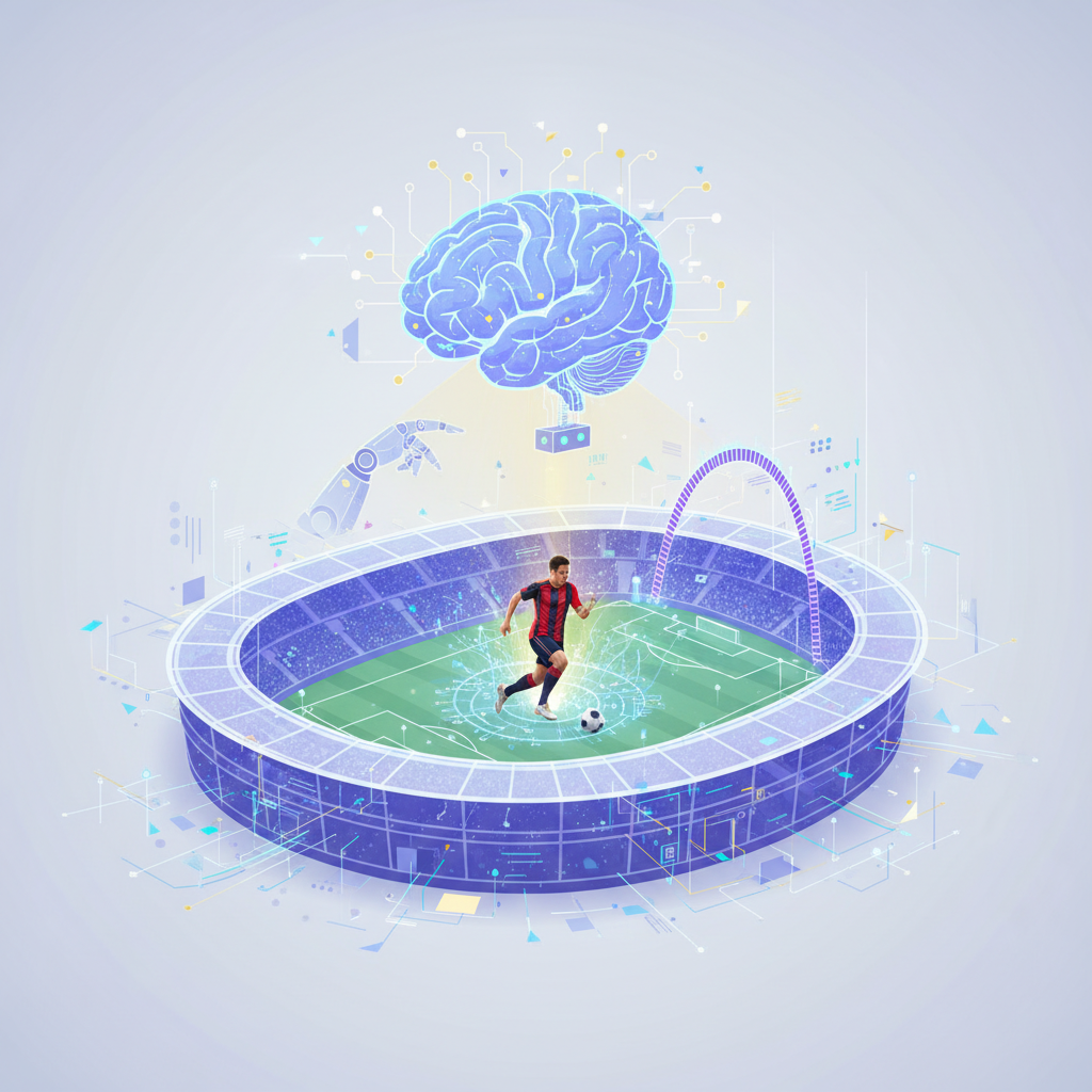 Un estadio de fútbol isométrico con un jugador de uniforme rojo y negro driblando el balón. Sobre el estadio, un cerebro azul brillante y un brazo robótico simbolizan la inteligencia artificial y el análisis de datos deportivos, con circuitos y elementos digitales conectando toda la escena.