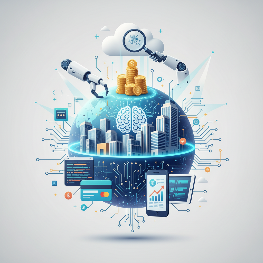 Ilustración digital de un globo terráqueo con una ciudad moderna, un cerebro y una red de circuitos interconectados. Robots interactúan con pilas de dinero y una nube con lupa, mientras dispositivos como un smartphone, tablet y tarjeta de crédito se conectan a la red, simbolizando inteligencia artificial, finanzas y tecnología global.