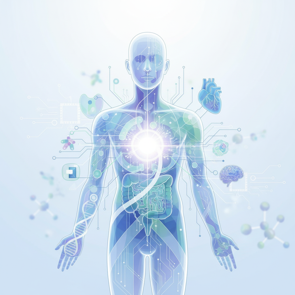 Ilustración de una figura humana transparente con circuitos electrónicos y órganos internos visibles como el corazón, el cerebro y el sistema digestivo. Un brillo central irradia desde el pecho, conectado a vías digitales. Elementos como una doble hélice de ADN e iconos de salud y biotecnología flotan alrededor del cuerpo.