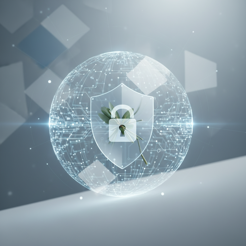 Esfera transparente con una red de circuitos digitales y puntos luminosos. En su interior, un escudo de protección con un candado blanco y una pequeña planta verde con hojas. El fondo es gris claro y abstracto, con formas geométricas difuminadas.