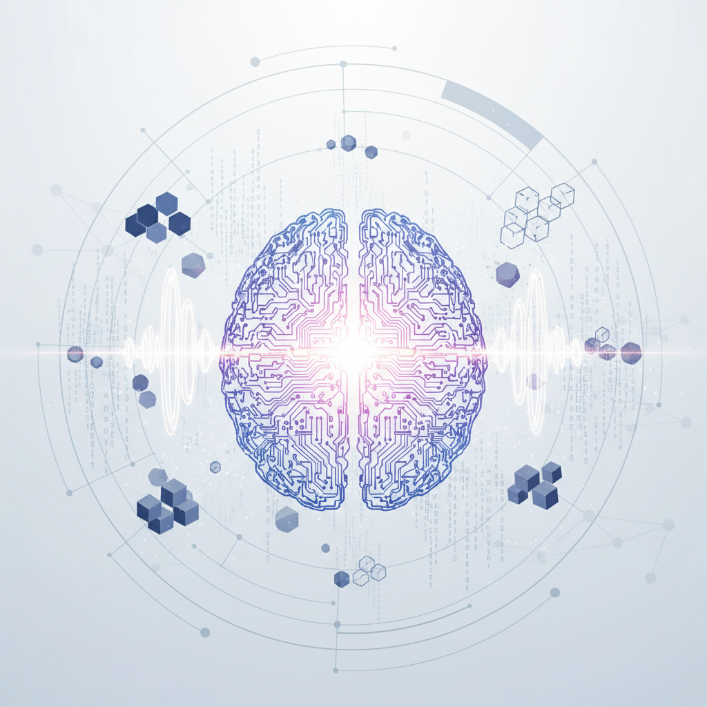 Ilustración conceptual de un cerebro humano formado por circuitos electrónicos, con un brillo central, rodeado de código binario, ondas de sonido y elementos de red tecnológica sobre un fondo blanco y azul claro.