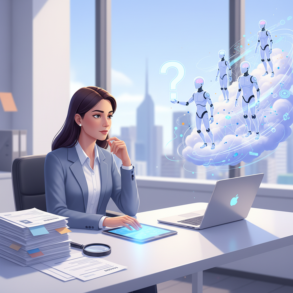 Una mujer ejecutiva sentada en un escritorio, con una pila de currículums, una lupa, una tablet luminosa y un portátil, mira pensativa una proyección holográfica de varios robots con cerebros brillantes sobre una nube digital, uno de ellos sostiene un signo de interrogación, con un paisaje urbano de fondo.