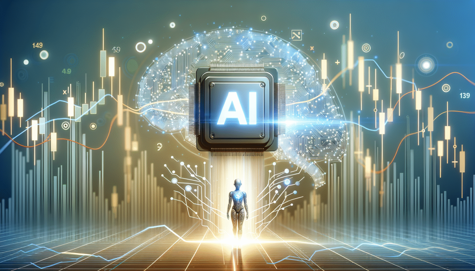 Un chip con las letras "AI" brillantes en el centro, conectado a un cerebro esquemático hecho de circuitos y a un robot humanoide luminoso en un haz de luz, todo rodeado de gráficos de datos, barras y líneas en un entorno digital y tecnológico.