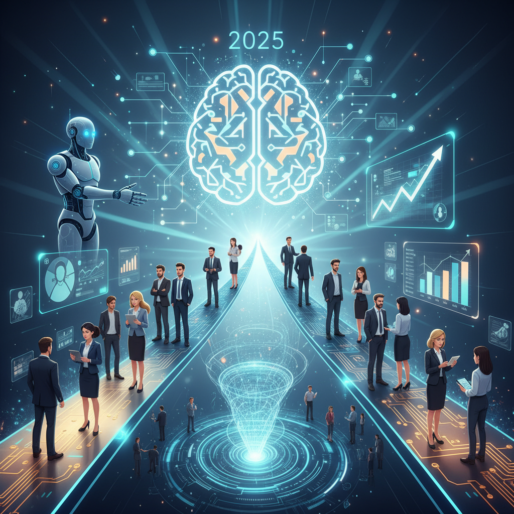 Robot humanoide y profesionales de negocios en un entorno digital futurista, con un cerebro de inteligencia artificial brillante y el año 2025 en el centro. La escena muestra circuitos, datos holográficos, gráficos y un vórtice tecnológico, simbolizando la integración de la IA y la tecnología en el futuro empresarial.
