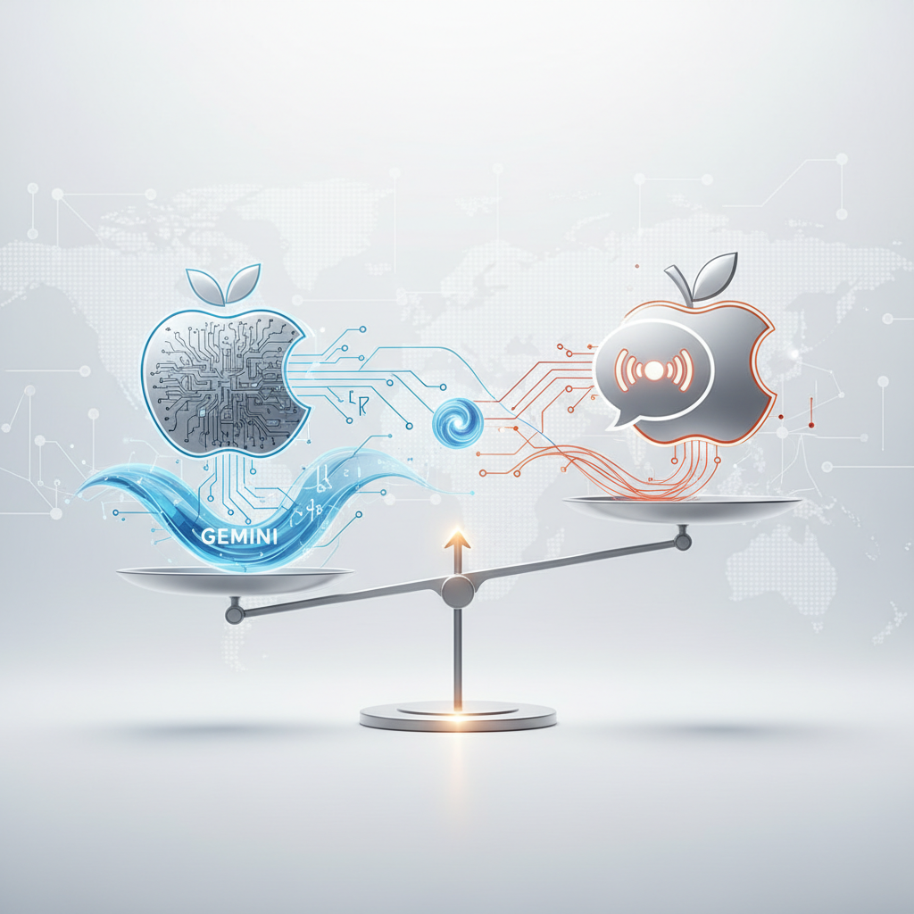 Una balanza digital muestra el plato izquierdo más bajo, con un logo de Apple de circuitos azules y el texto 'GEMINI'. El plato derecho, más alto, tiene un logo de Apple gris con un icono de burbuja de diálogo y señal de voz, representando a Siri. El fondo es un mapa mundial con patrones de circuitos.} {