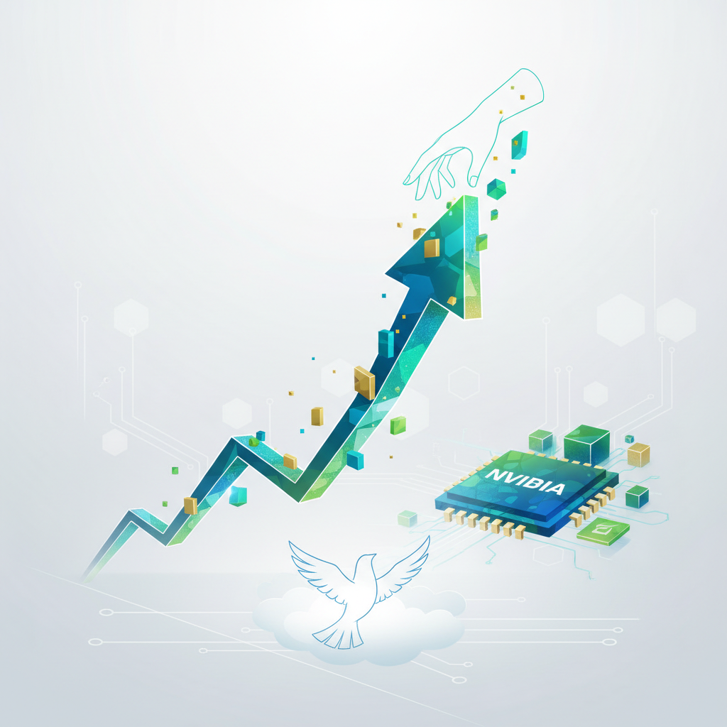 Una flecha tridimensional ascendente en colores azul y verde, con un patrón geométrico, rodeada de pequeños cubos dorados, verdes y azules. Una mano esbozada toca la punta superior de la flecha. En la parte inferior derecha, un chip de NVIDIA con el texto "NVIDIA" y cubos verdes alrededor. En la parte inferior izquierda, el contorno de una paloma volando sobre una nube, con un fondo de líneas y hexágonos sutiles.} {