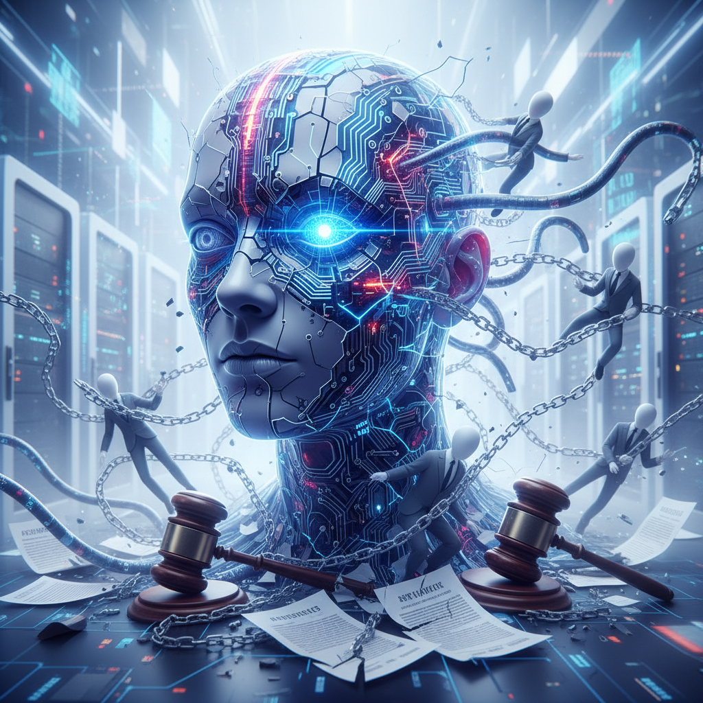 Una cabeza robótica con circuitos y un ojo azul brillante en una sala de servidores, con pequeñas figuras humanas en trajes atadas con cadenas y cables. En la parte inferior, hay mazos de juez y documentos legales esparcidos.
