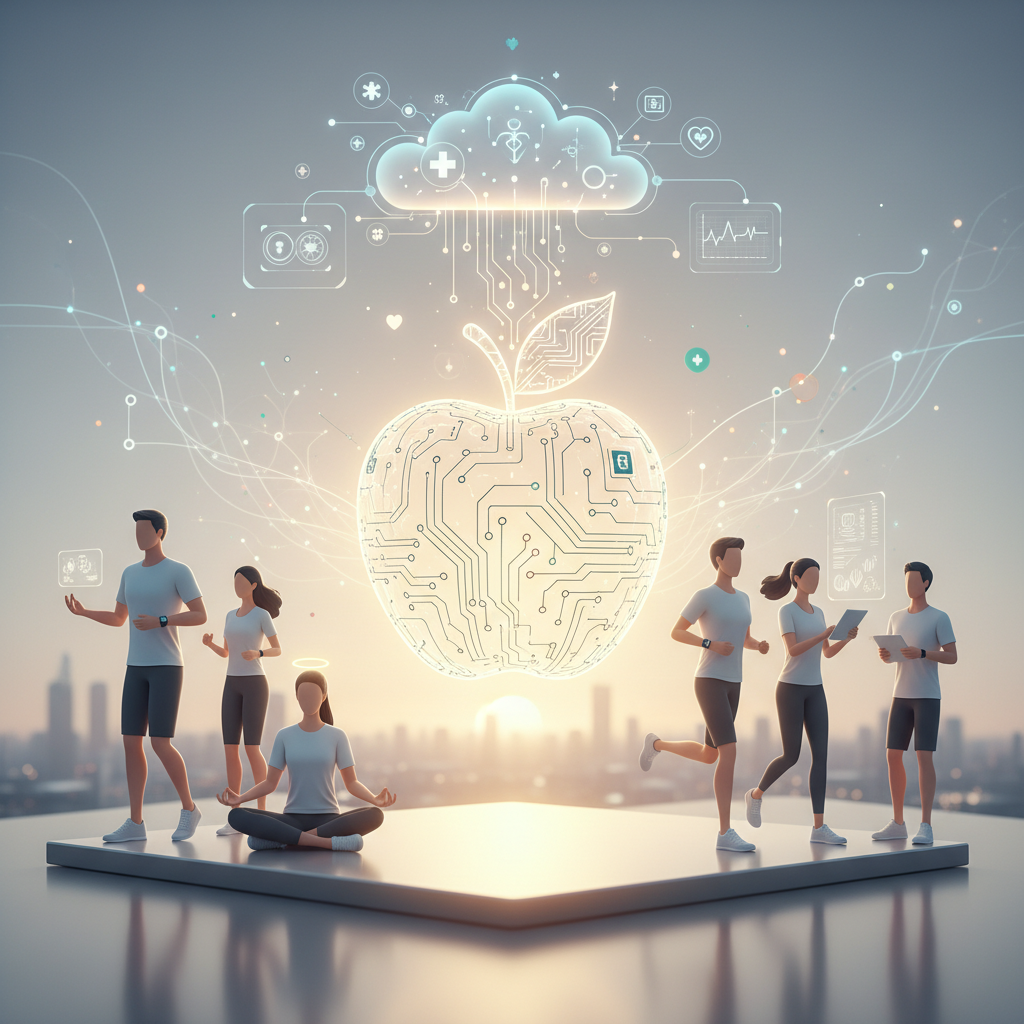 Grupo de personas en una plataforma urbana realizando ejercicios, meditación e interactuando con pantallas digitales, junto a una gran manzana luminosa con circuitos electrónicos y una nube de datos de salud conectada a íconos médicos. Al fondo, se ve un horizonte urbano al atardecer.