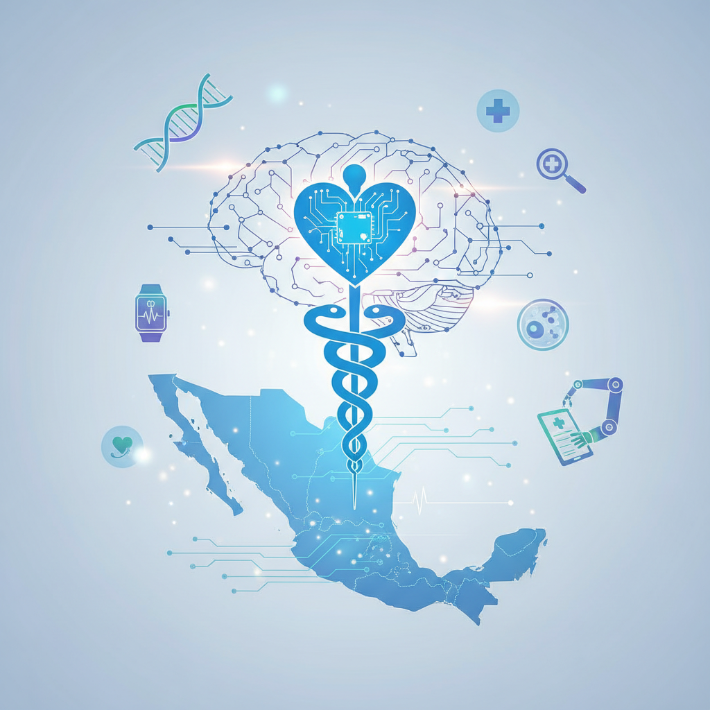 Representación visual de la salud digital e innovación médica en México, mostrando un cerebro interconectado por circuitos y un corazón tecnológico que forma un caduceo médico central sobre el mapa del país. Alrededor se observan iconos de ADN, un smartwatch, un brazo robótico, una lupa médica, una cruz de hospital y un plato de células.