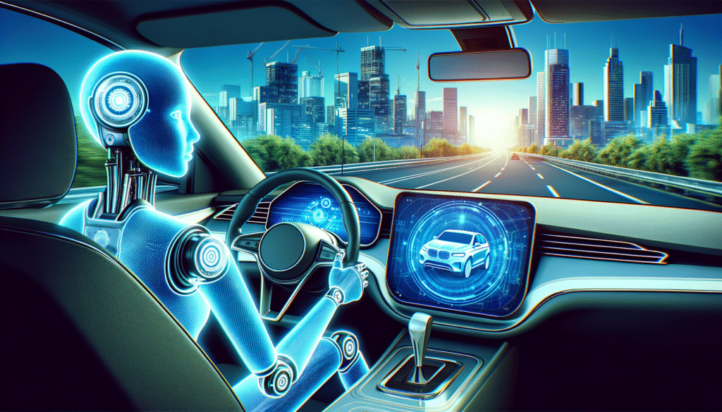 Un robot humanoide de color azul brillante, con aspecto de malla digital, está al volante de un coche moderno. El salpicadero del coche incluye una gran pantalla táctil que muestra un modelo 3D de un vehículo y círculos de datos. Se ve una carretera con múltiples carriles y un horizonte urbano con rascacielos y grúas de construcción, bajo un cielo azul claro con un sol brillante.