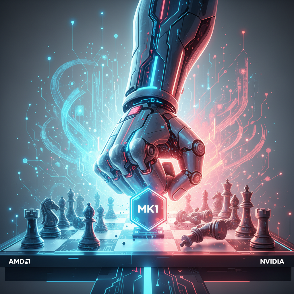 Un brazo robótico futurista con luces de neón azules y rojas se cierne sobre un tablero de ajedrez, interactuando con una pieza hexagonal brillante que dice 'MK1'. El tablero muestra piezas de ajedrez y una caída. El fondo está lleno de circuitos digitales luminosos en tonos azules y rojos. Los logos de AMD y NVIDIA son visibles en la parte inferior.