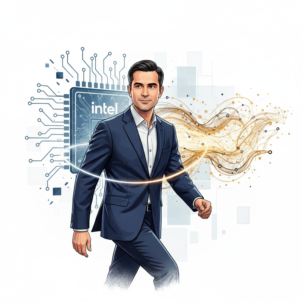 Hombre en traje azul y camisa blanca caminando. A su izquierda, un chip de procesador con el logo 'intel' y circuitos. A su derecha, un flujo abstracto de líneas y partículas doradas. Una línea de luz dorada conecta el chip con el flujo, pasando por la cintura del hombre.