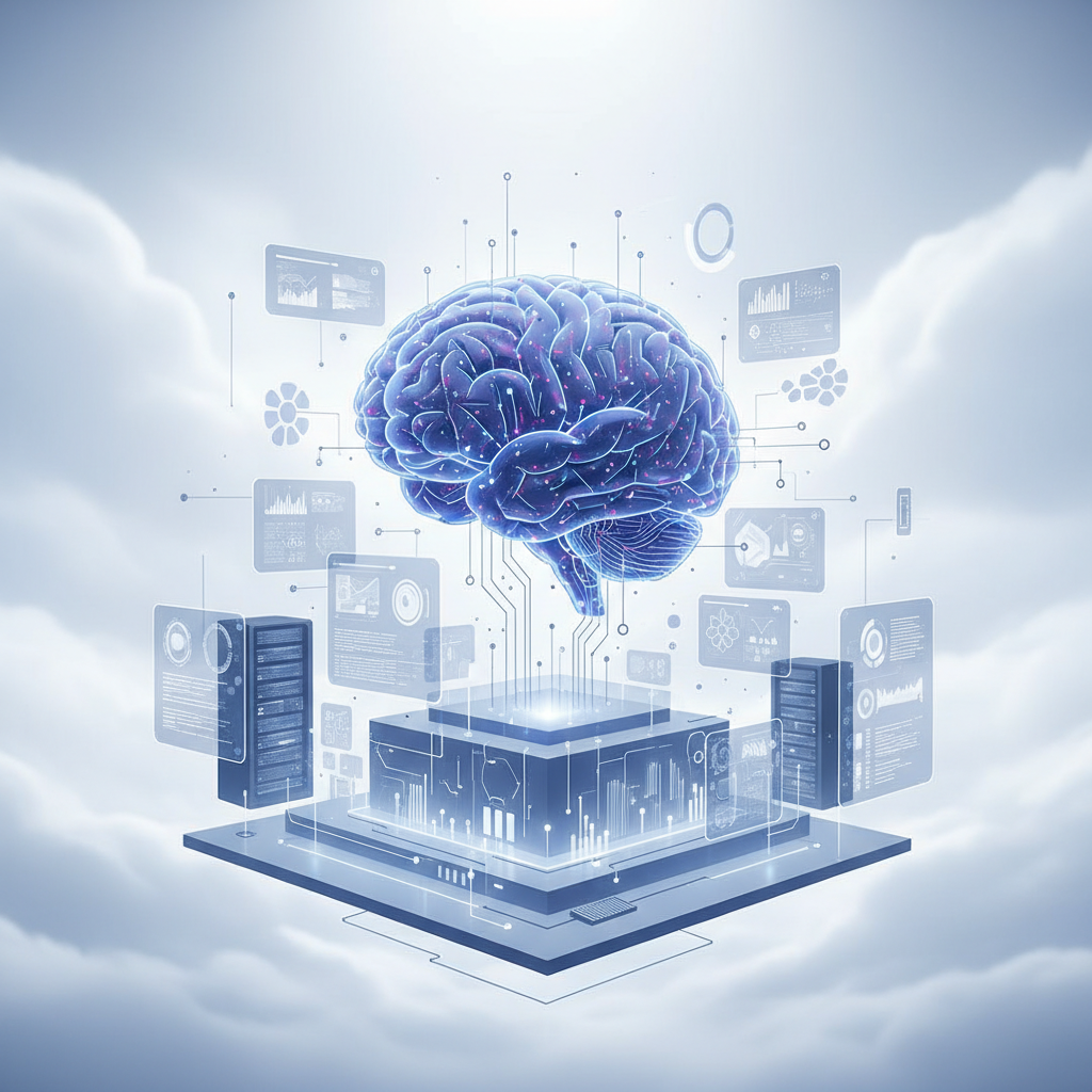 Un cerebro humano azul brillante con puntos luminosos y conexiones, rodeado de paneles de datos interactivos y conectado a una plataforma tecnológica de procesamiento con servidores, flotando en un entorno de nubes.