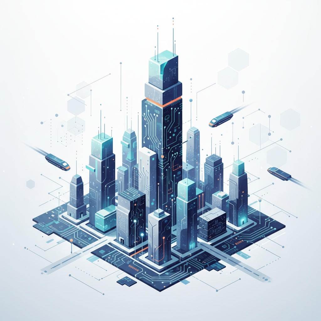 Vista isométrica de una ciudad inteligente futurista con rascacielos que integran patrones de circuitos electrónicos y vehículos de transporte de alta velocidad. La base de la ciudad es una placa de circuito impreso, simbolizando conectividad y tecnología.
