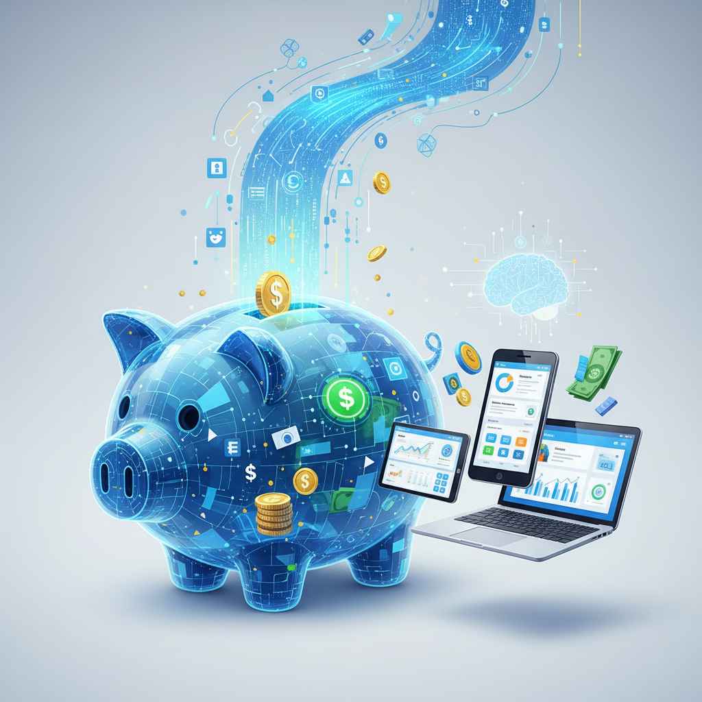 Hucha digital transparente con forma de cerdito y circuitos internos, de la que entra un flujo de datos luminoso y monedas de oro. Alrededor flotan un portátil, una tablet y un smartphone mostrando gráficos y aplicaciones financieras, junto a billetes, monedas y un cerebro digital, representando la gestión inteligente del dinero y el ahorro tecnológico.