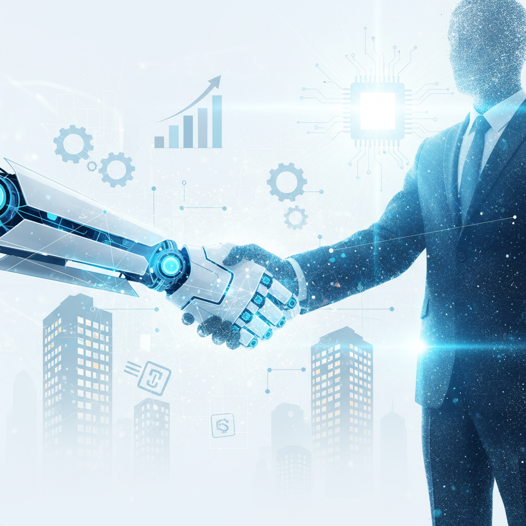 Un robot y la silueta digital de un hombre con traje estrechando manos. El fondo es claro con iconos de tecnología, engranajes, gráficos de crecimiento y edificios de ciudad.