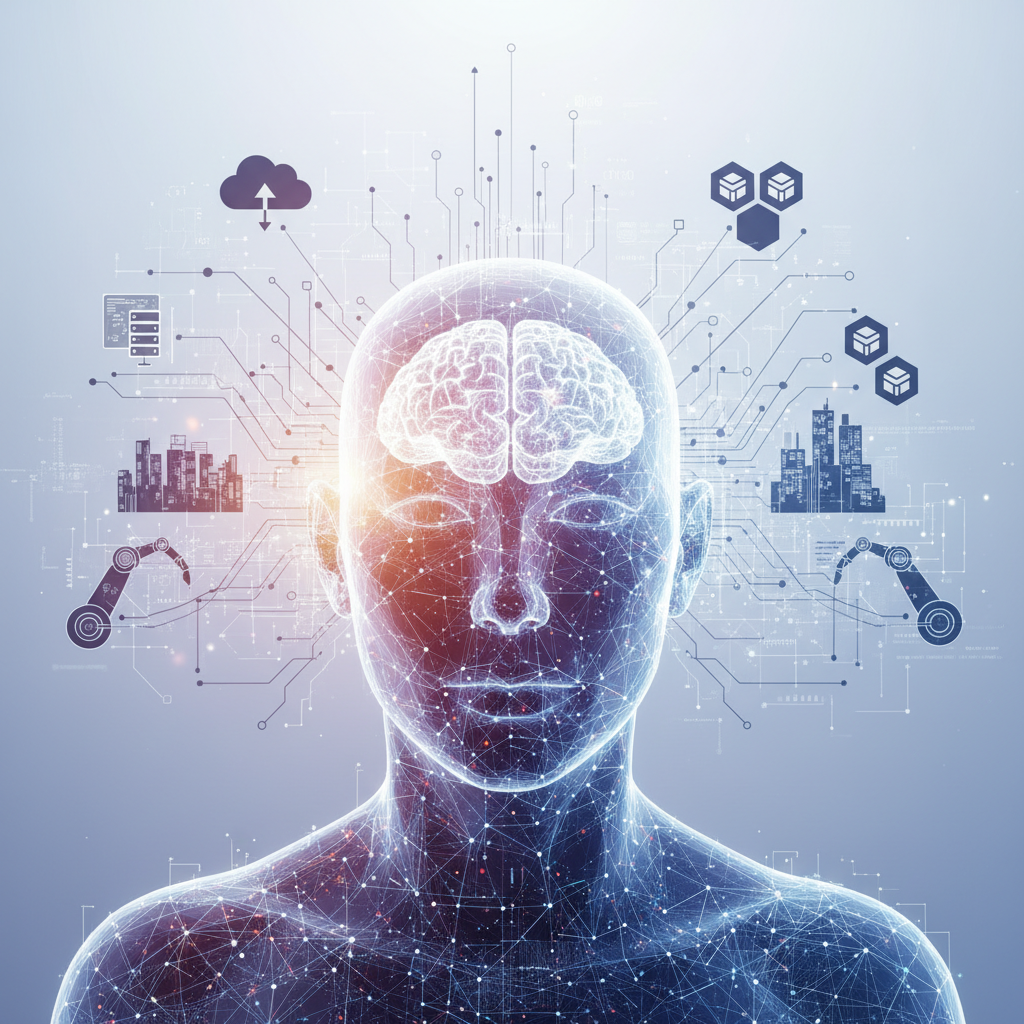 Representación de una figura humana translúcida con un cerebro brillante, conectada a un circuito electrónico que irradia iconos de computación en la nube, servidores, ciudades inteligentes, brazos robóticos y datos hexagonales.