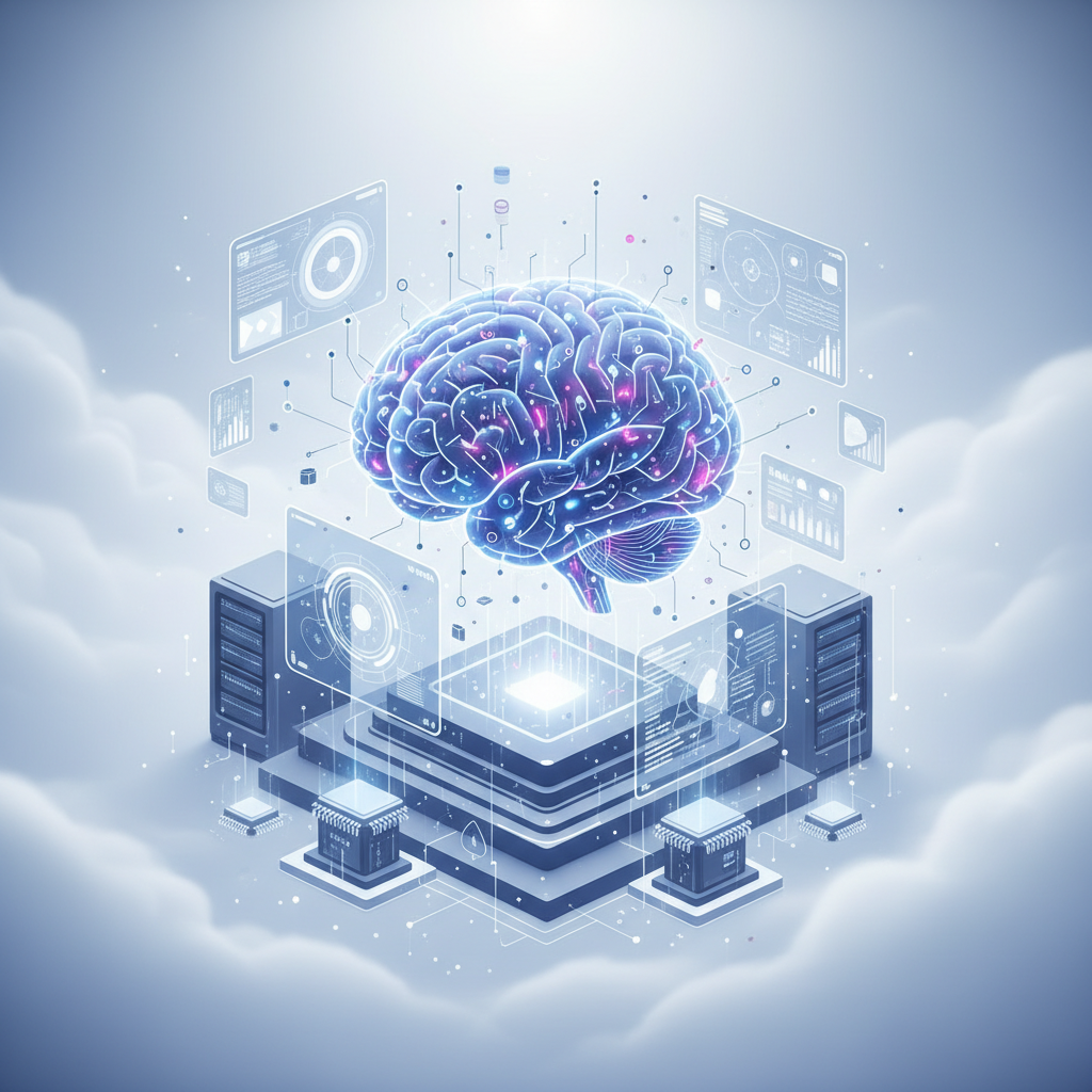 Cerebro luminoso con conexiones neuronales flotando sobre una infraestructura de computación en la nube con servidores, chips y pantallas de datos holográficas, rodeado de nubes.