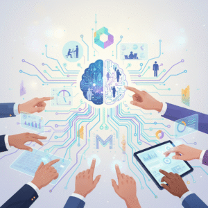 Manos de personas de diversas etnias interactuando con pantallas digitales y un teclado holográfico, en torno a un cerebro estilizado con circuitos y figuras humanas, representando la interconexión de tecnología y colaboración. Se observan gráficos, iconos de trabajo y símbolos de datos.