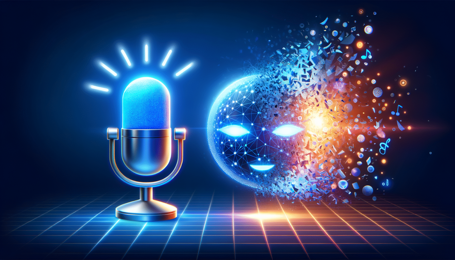 Micrófono digital brillante en azul sobre una superficie de cuadrícula, frente a una esfera de IA con rostro que se desintegra en fragmentos, notas musicales y partículas de datos de tonos azules y naranjas.