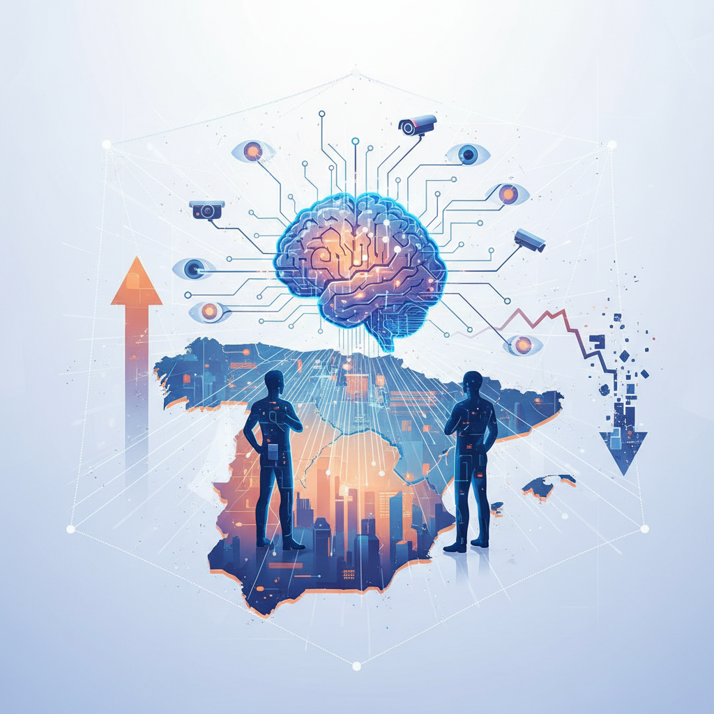 Ilustración digital que presenta un cerebro luminoso en el centro, rodeado de circuitos que se conectan a ojos y cámaras de vigilancia. Debajo, un mapa de España con una ciudad en su base y dos siluetas humanas que interactúan con interfaces digitales. A la izquierda, una flecha naranja ascendente, y a la derecha, un gráfico descendente con una flecha azul.