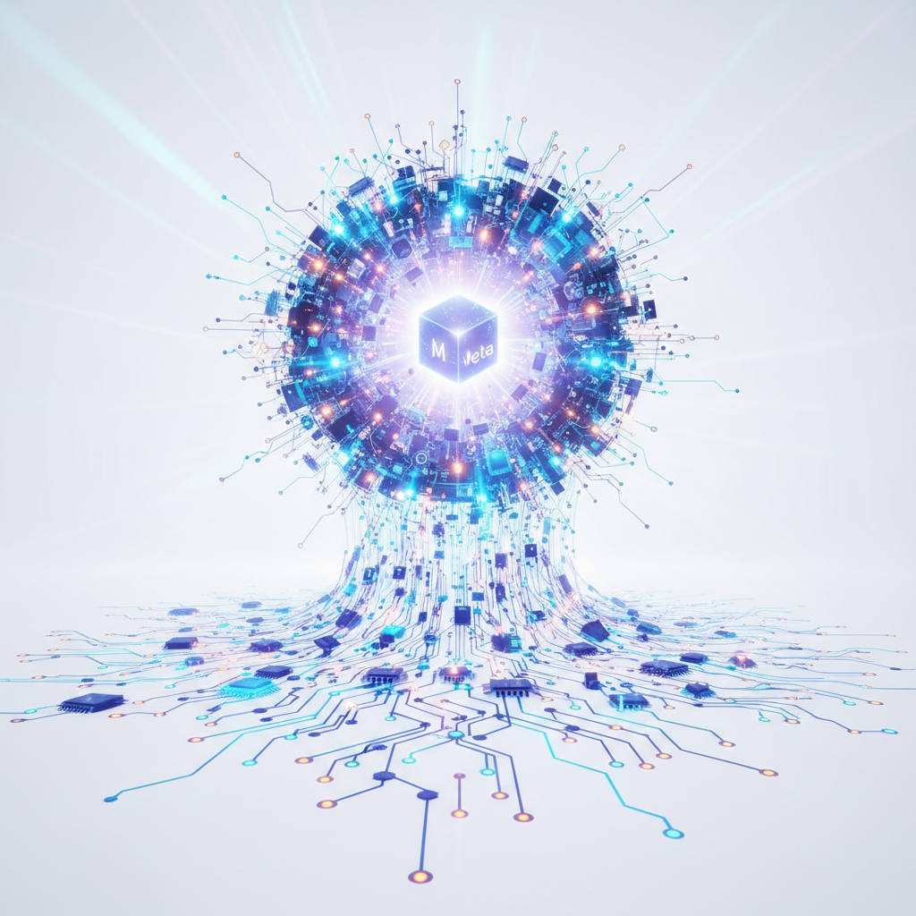 Esfera tecnológica brillante de circuitos y chips interconectados con un cubo central que muestra el logo de Meta, extendiendo una red digital sobre una superficie blanca.