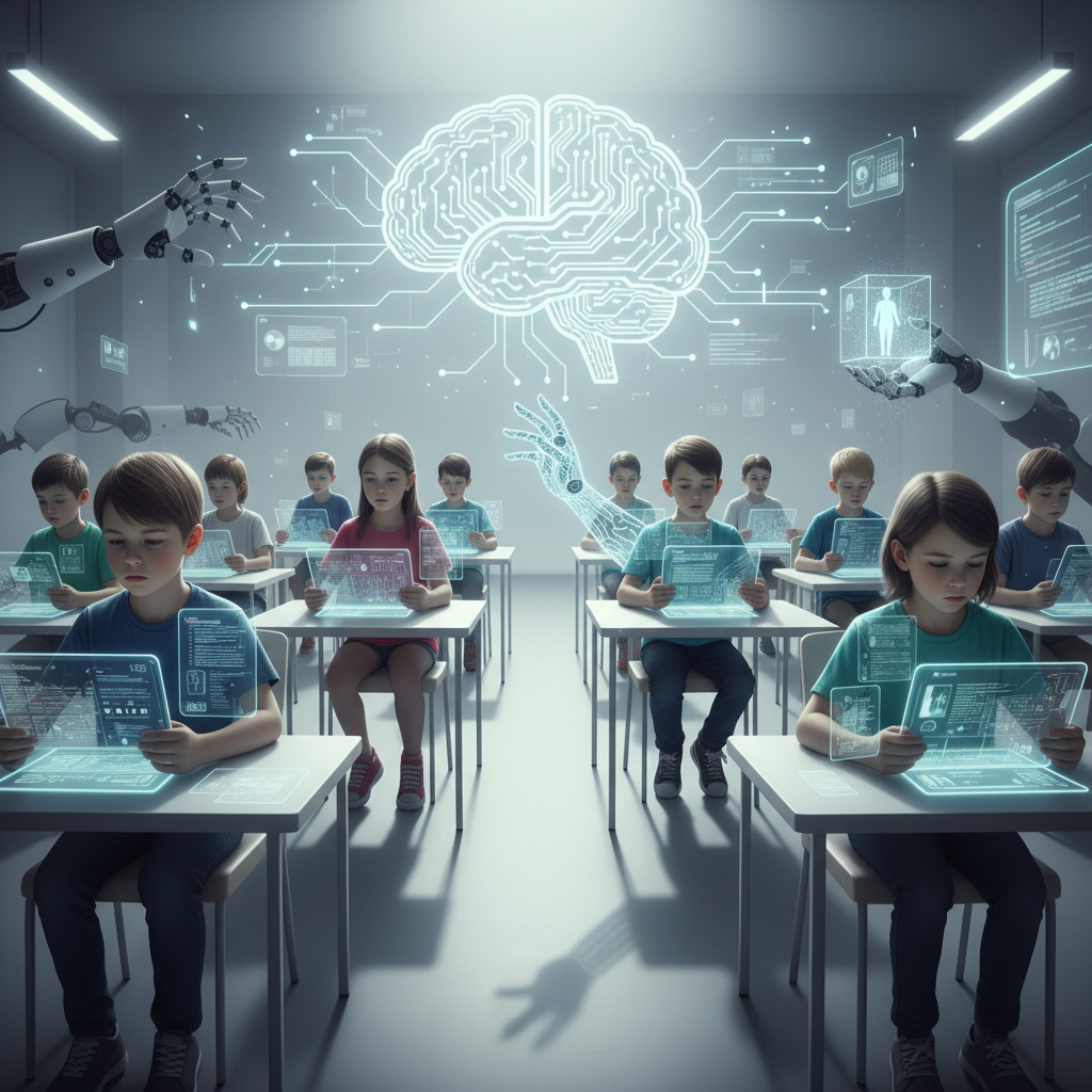 Un aula moderna donde niños y niñas, estudiantes jóvenes, están sentados en pupitres e interactúan con tabletas holográficas que muestran información digital. En la pared del fondo, un gran cerebro luminoso con circuitos brilla, y brazos robóticos junto a manos holográficas flotan en el ambiente con pantallas de datos.
