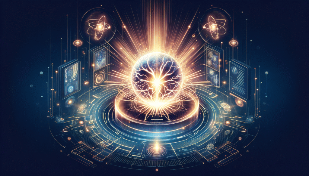 Esfera de energía luminosa con descargas eléctricas y rayos de luz, sobre una plataforma futurista con circuitos complejos y pantallas holográficas de datos y átomos.