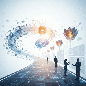 Un par de zapatillas de running blancas con detalles azules, posadas sobre una pista de atletismo roja.