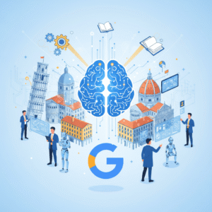 Mujer sonriente en un entorno profesional con traje de negocios, sujetando una tablet y mirando directamente a la cámara.