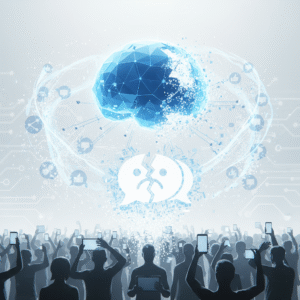 Joven con gafas y camisa azul trabajando en un portátil plateado sobre un escritorio en un entorno de oficina.