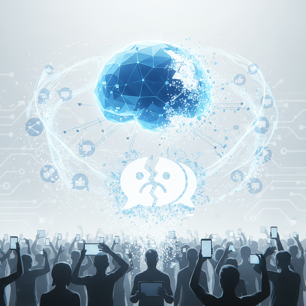 Joven con gafas y camisa azul trabajando en un portátil plateado sobre un escritorio en un entorno de oficina.