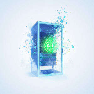 Hombre de negocios sonriendo mientras trabaja en una computadora portátil en una oficina moderna.