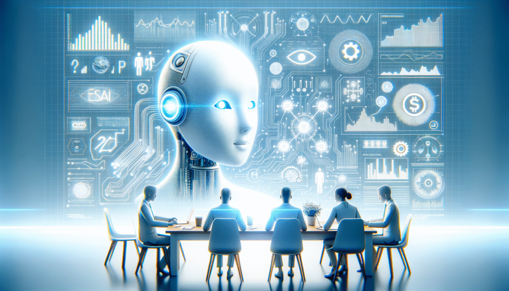 Una reunión de seis profesionales sentados alrededor de una mesa, observando una gran proyección holográfica de una cabeza de robot humanoide. La imagen de fondo muestra una interfaz digital compleja con circuitos, gráficos de datos, íconos tecnológicos y diagramas en tonos azules y blancos.