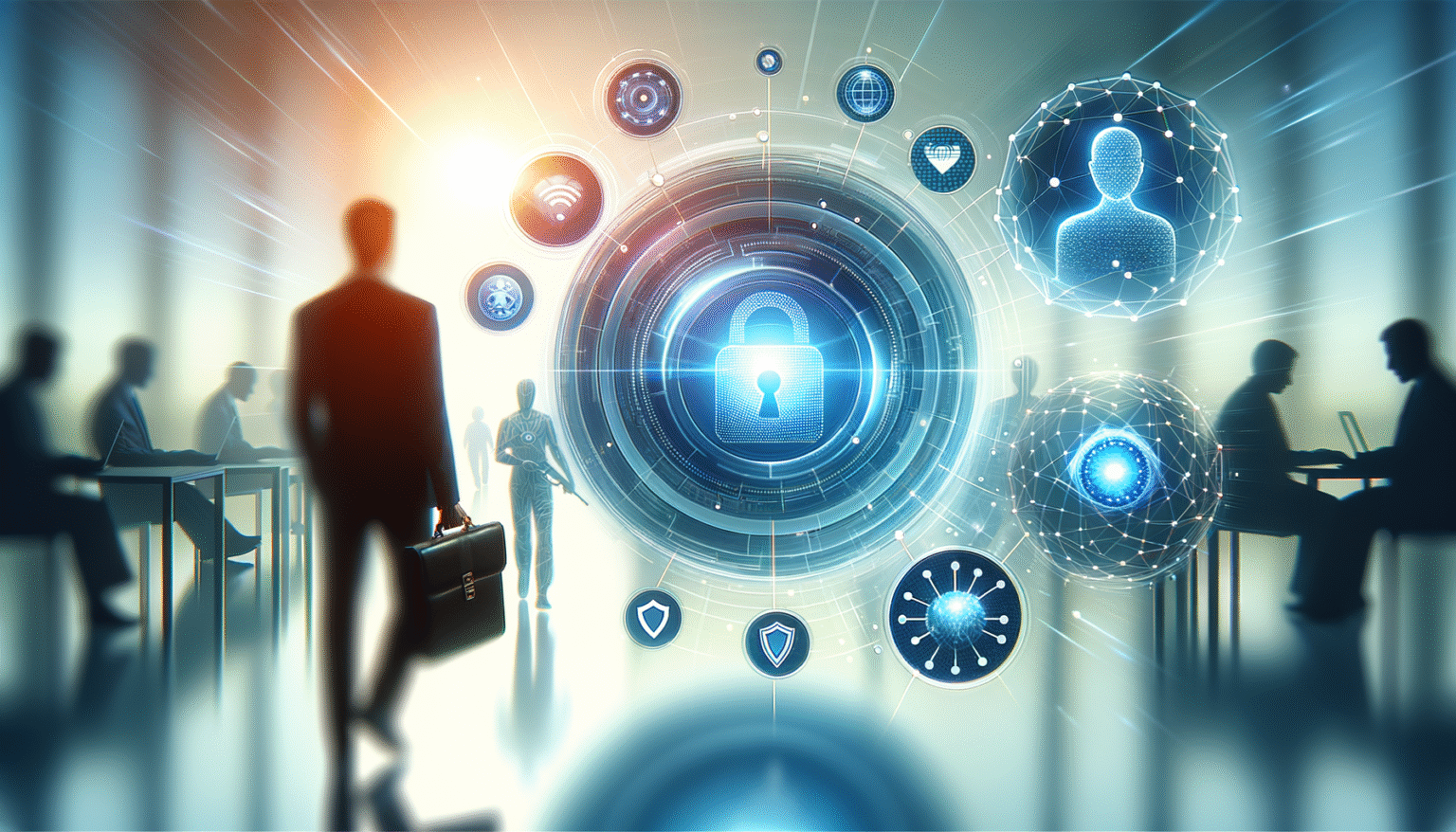 Siluetas de personas en una oficina trabajando. Un empresario camina en primer plano con un maletín. Sobre la escena, una interfaz digital con un candado azul brillante central, iconos de ciberseguridad, red global, Wi-Fi y perfil de usuario.} {