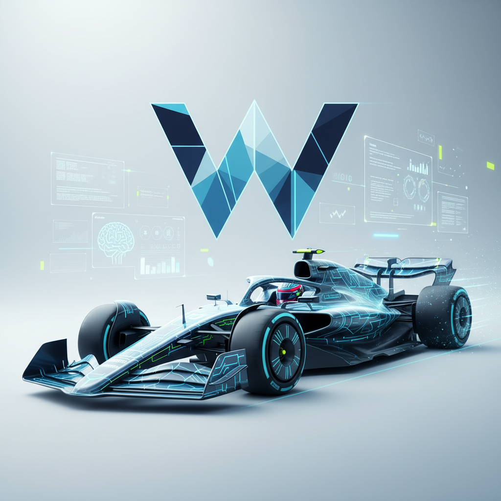 Coche de Fórmula 1 futurista en tonos azul y negro con patrones de circuitos luminosos, bajo un gran logo geométrico azul en forma de 'W' y rodeado de pantallas de datos holográficos y gráficos técnicos.