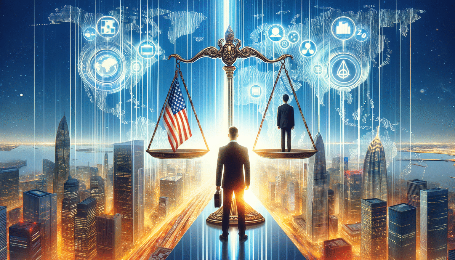 Escala de la justicia con la bandera de Estados Unidos en un platillo y un empresario en el otro, sobre un horizonte urbano nocturno. Un segundo empresario está al pie de la balanza, con un mapa mundial digital y múltiples iconos tecnológicos y legales en el cielo.