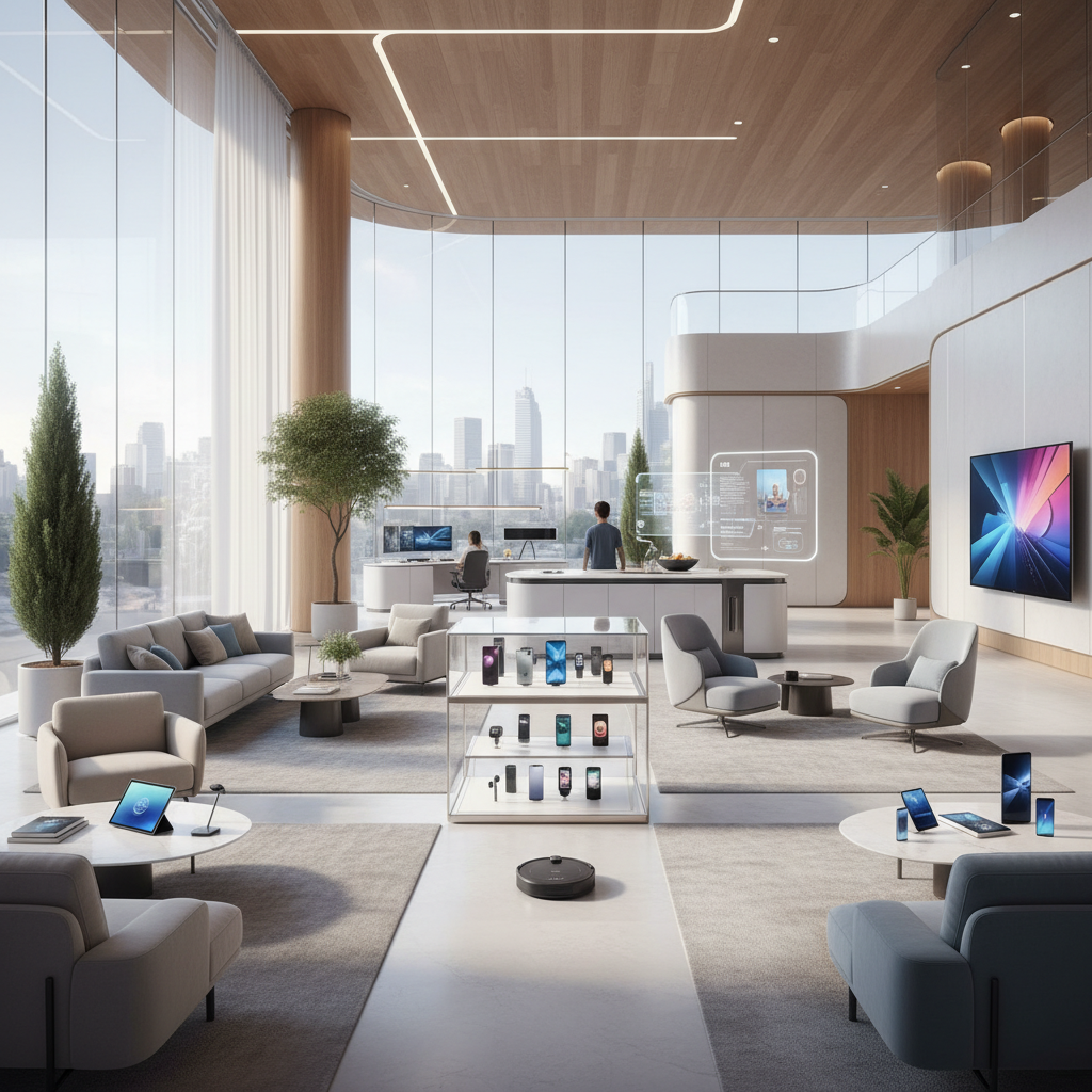 Amplio salón moderno con grandes ventanales que muestran una ciudad. El espacio está amueblado con sofás, sillones y varias mesas, y destaca por la exhibición de tecnología: un expositor de cristal con smartphones y smartwatches, tablets, un televisor inteligente y un robot aspirador. Dos personas están en el fondo, una en un escritorio y otra en una isla de cocina con una pantalla interactiva.