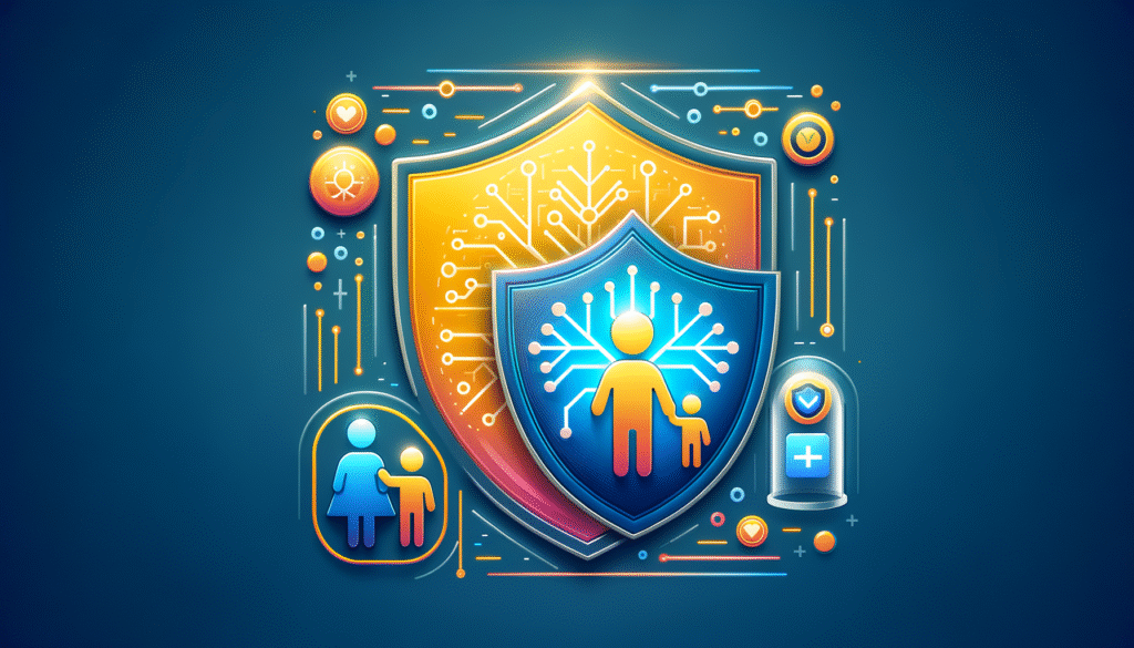 Escudos superpuestos, uno grande amarillo con patrones de circuito y otro azul con figuras de adulto y niño conectadas a una red digital. Iconos de protección, salud y conectividad rodean los escudos sobre un fondo azul oscuro.