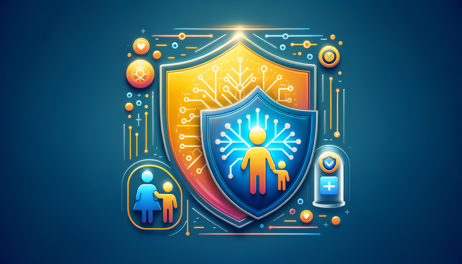 Escudos superpuestos, uno grande amarillo con patrones de circuito y otro azul con figuras de adulto y niño conectadas a una red digital. Iconos de protección, salud y conectividad rodean los escudos sobre un fondo azul oscuro.