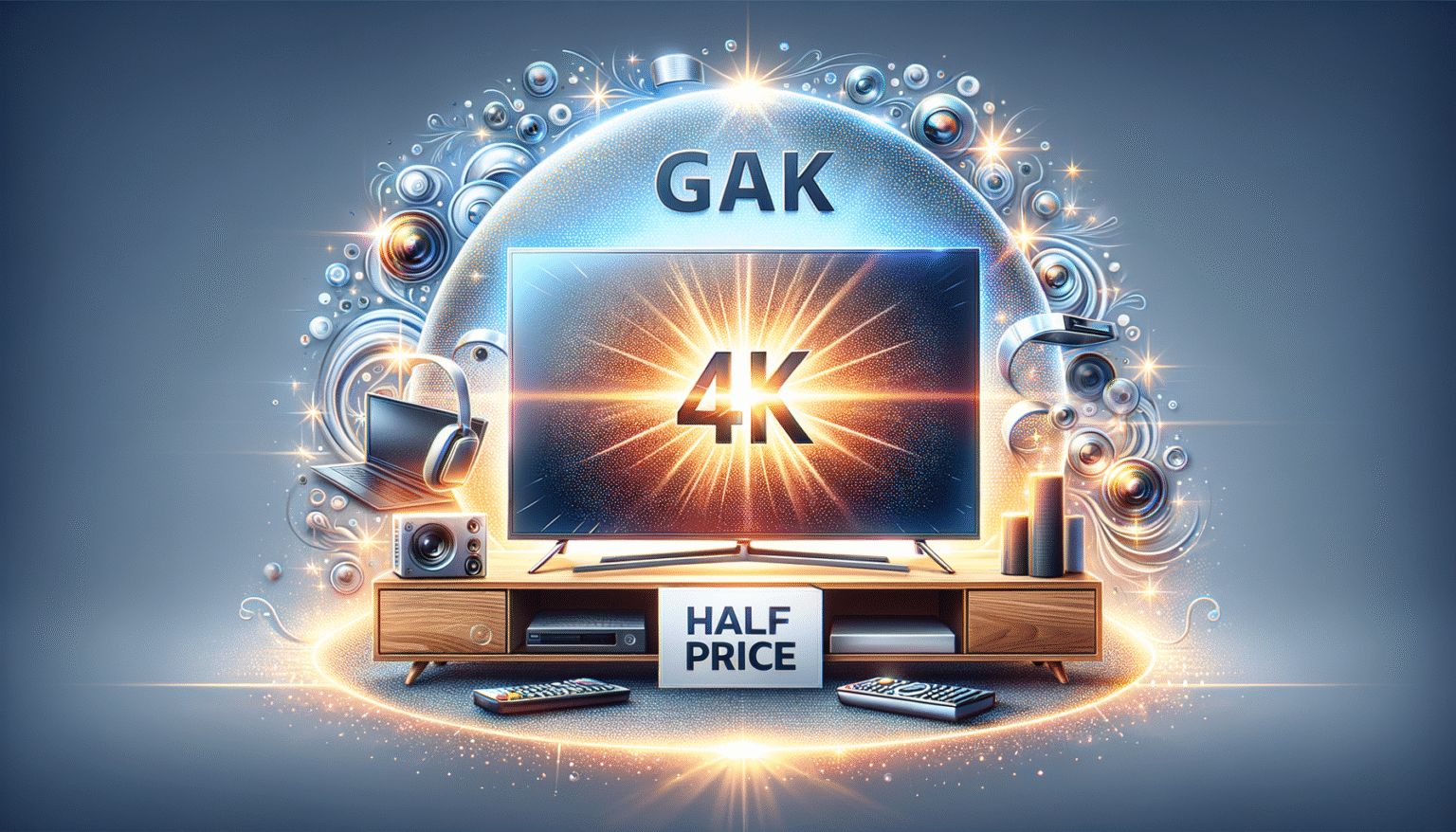 Un televisor 4K con un gran '4K' brillante en la pantalla, colocado sobre un mueble de madera. Delante del televisor hay un cartel con 'HALF PRICE' y mandos a distancia. Un arco brillante con el texto 'GAK' enmarca el televisor, rodeado de elementos abstractos y luminosos que representan tecnología.