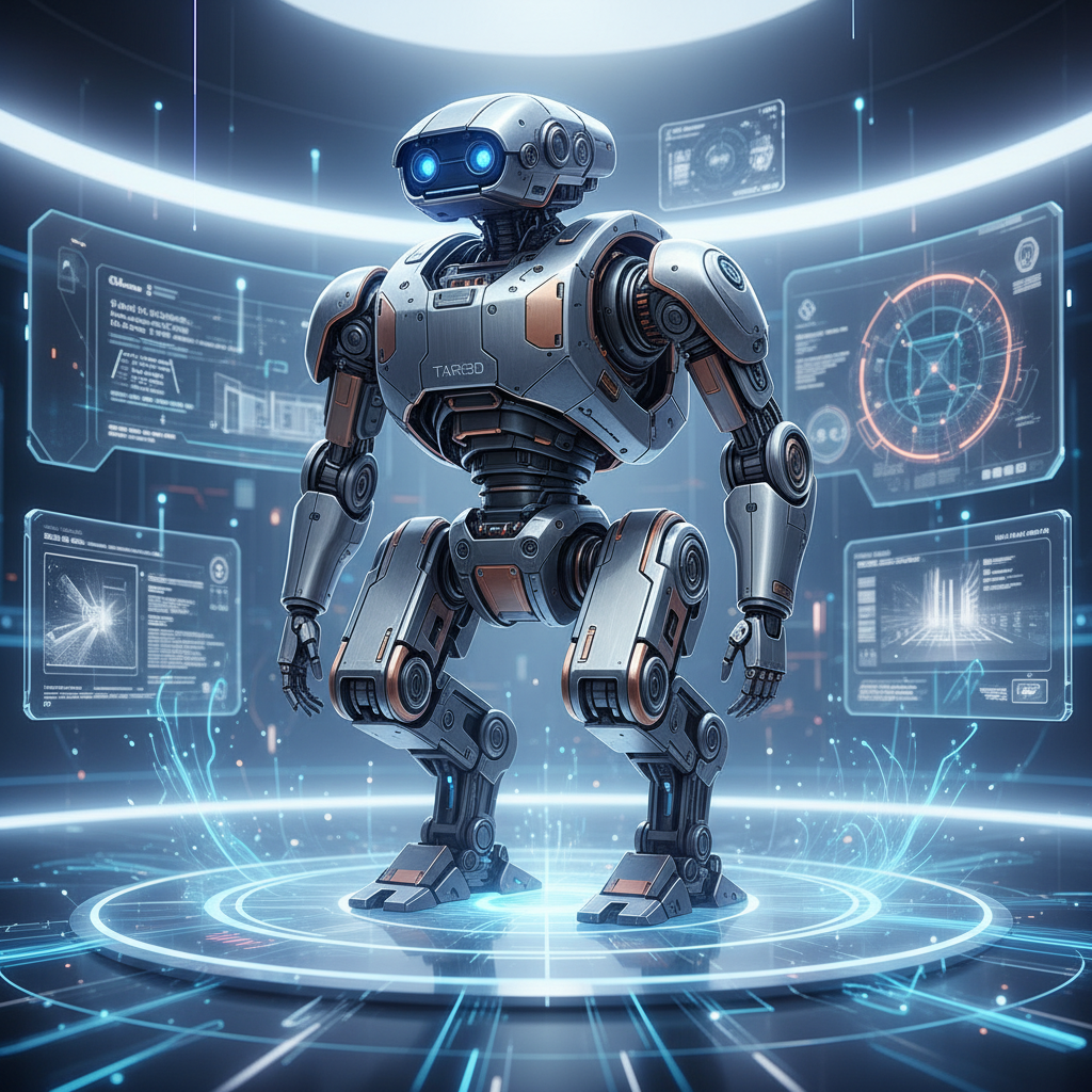 Robot futurista TAR3O de diseño metálico gris y cobre con ojos azules brillantes, de pie sobre una plataforma circular luminosa. El entorno muestra múltiples pantallas holográficas con datos y gráficos tecnológicos.
